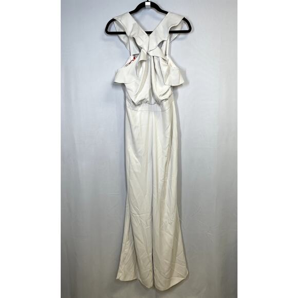 ML MONIQUE LHUILLIER Ruffle Halter Wide Leg Jumpsuit in White Size 6 $495 - Picture 3 of 16
